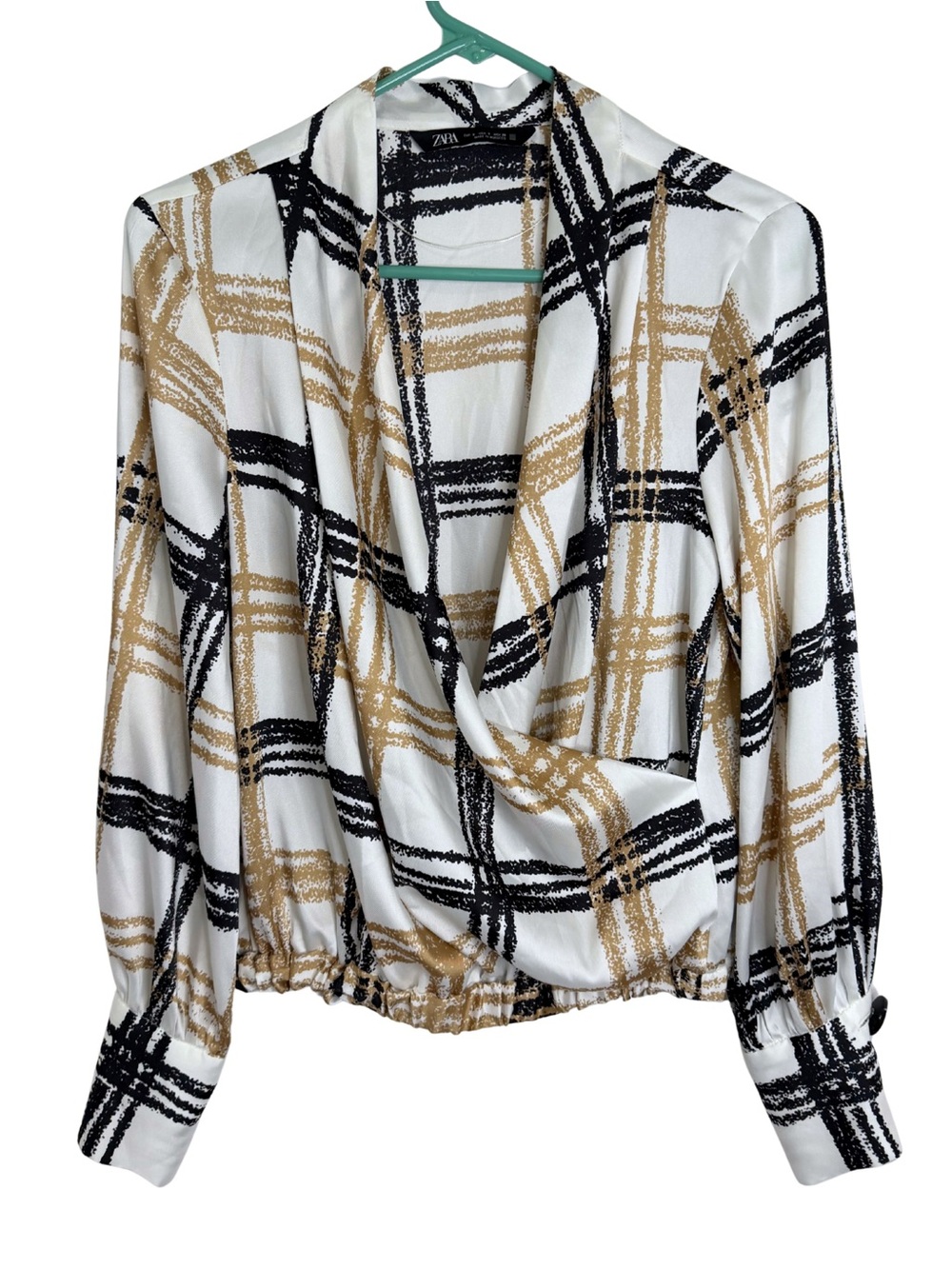 3/$20 Zara White Plaid Drape Front Long Sleeve Blouse - Black & Gold Size Small